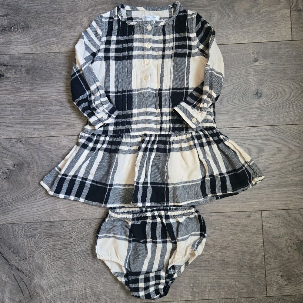 Ralph Lauren Baby Girl 18M Plaid Dress Bloomers Black Cream Check Preppy Tartan